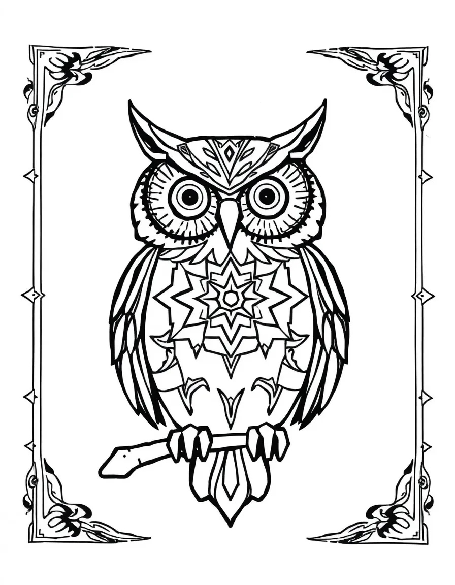 Owl with geometric patterns inside its silhouette, surrounded by tribal borders