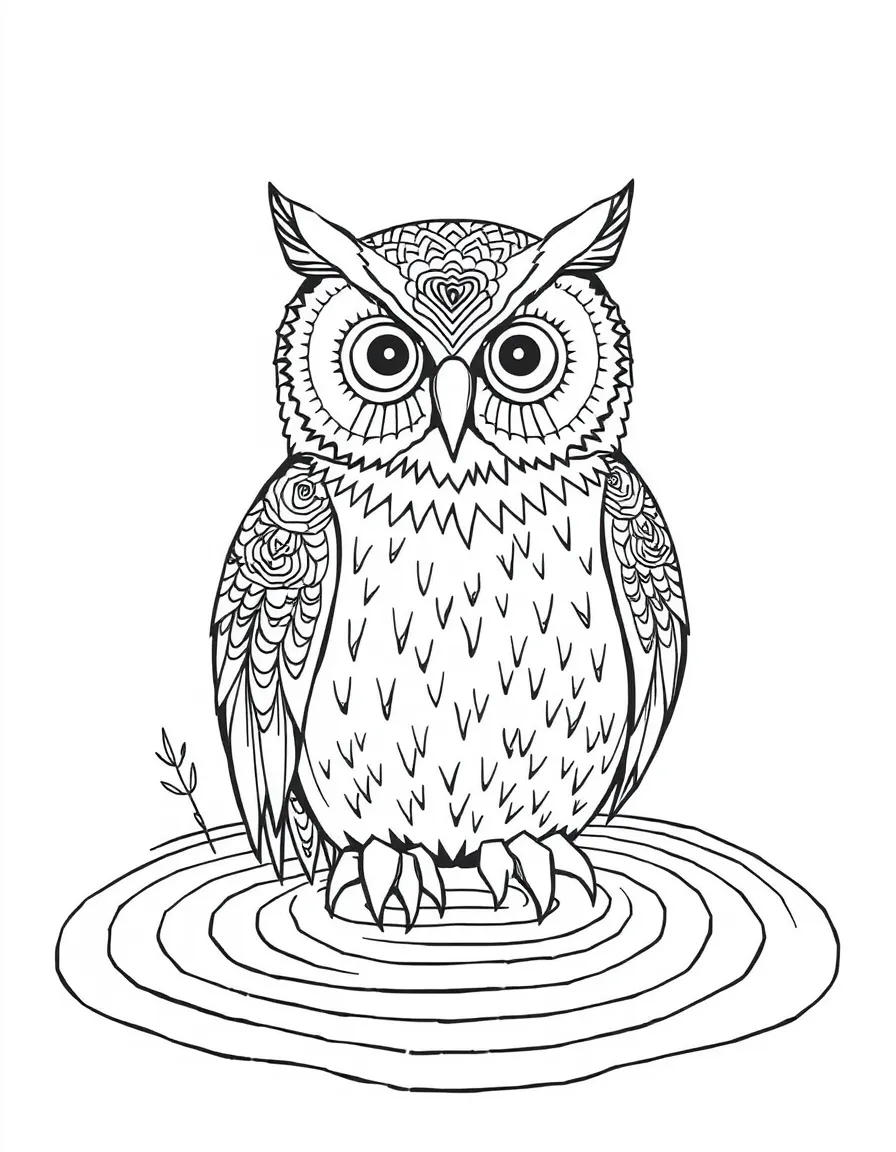 Owl with zen garden patterns in its feathers, surrounded by raked sand designs