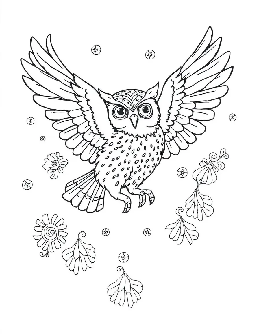 Owl in flight pose, surrounded by movement-inspired patterns