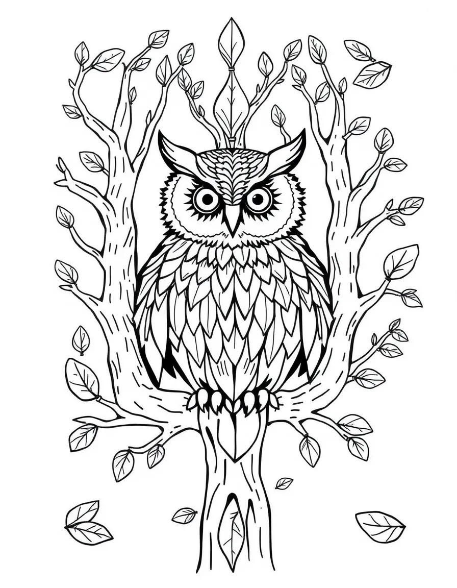 Owl with feathers forming tree rings, surrounded by forest-inspired designs
