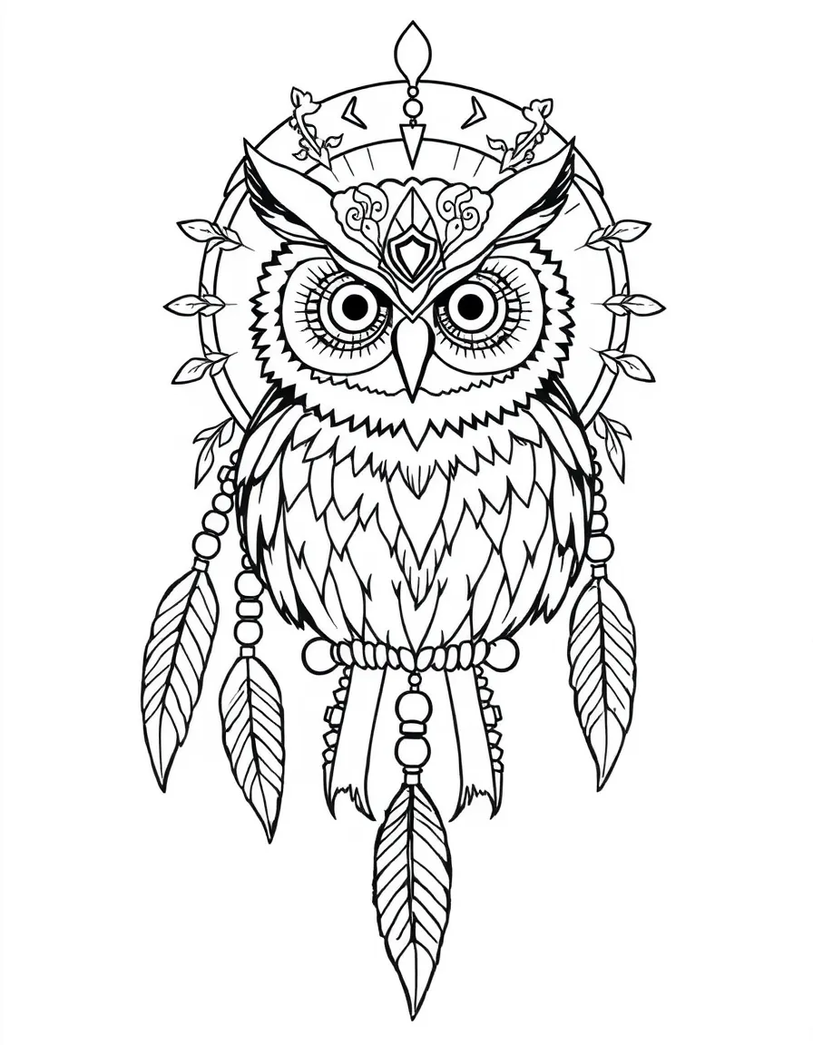 Owl with dreamcatcher elements, surrounded by feather and bead patterns