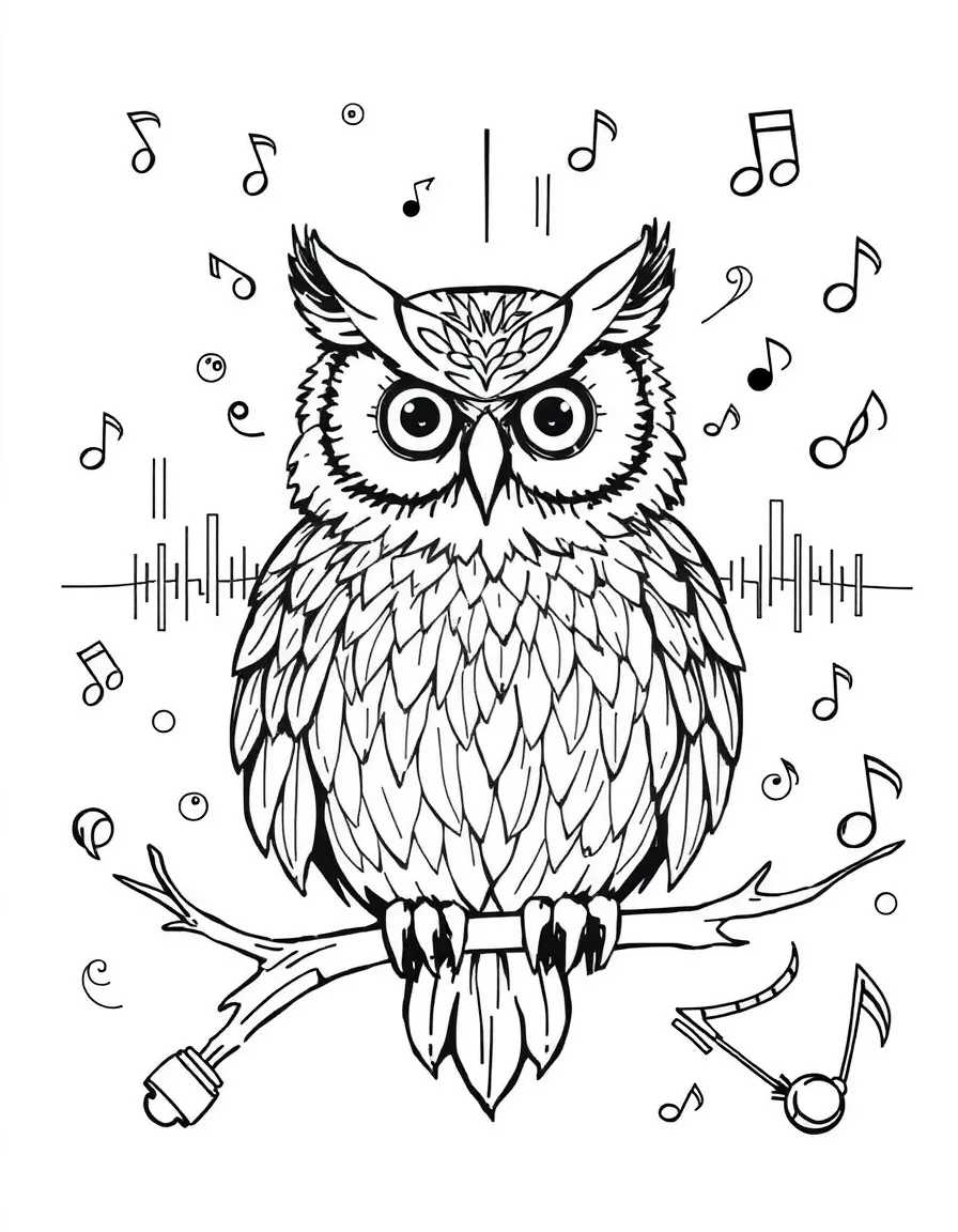 Owl with feathers forming sound wave patterns, surrounded by music elements