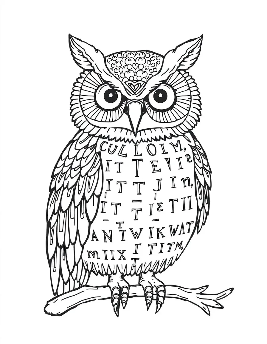 Owl with ancient text elements incorporated into its feather patterns
