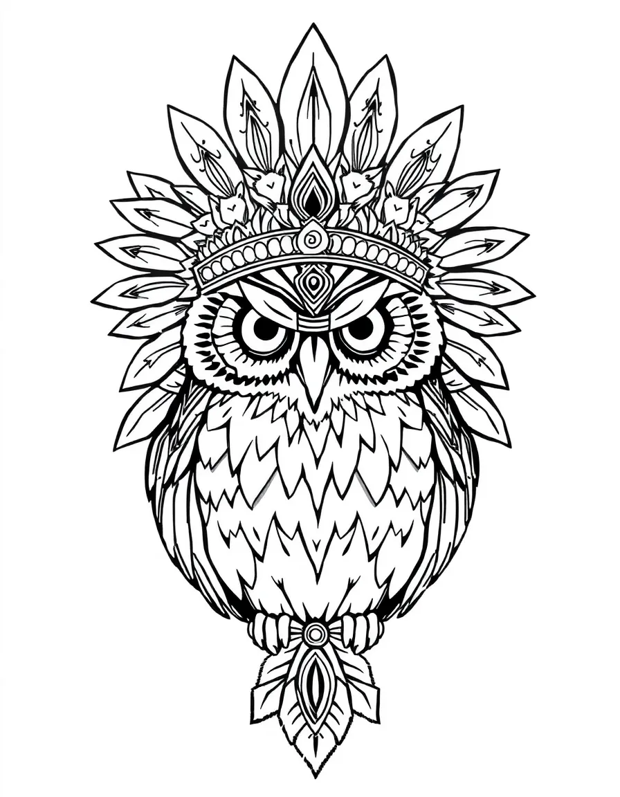 Owl with ornate headdress, surrounded by ceremonial patterns