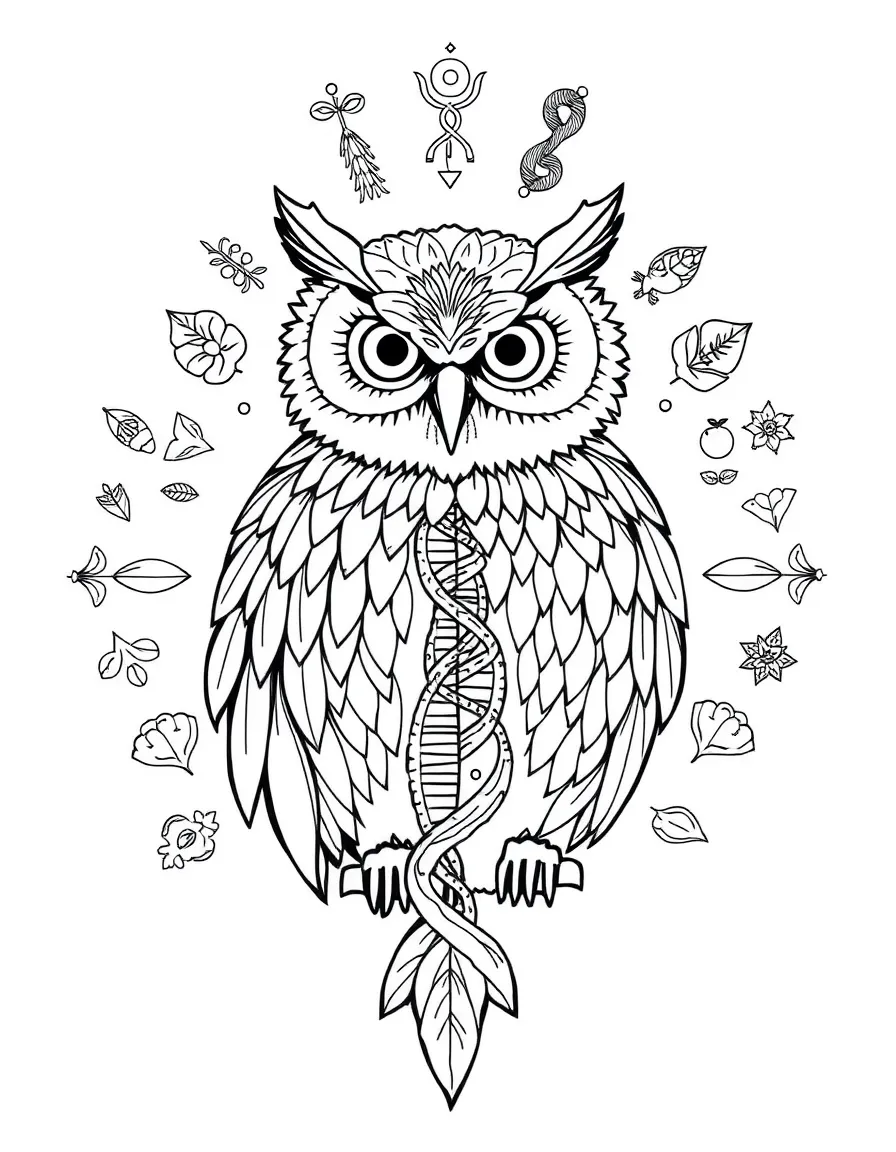 Owl with feathers forming a DNA-like spiral pattern, surrounded by life symbols
