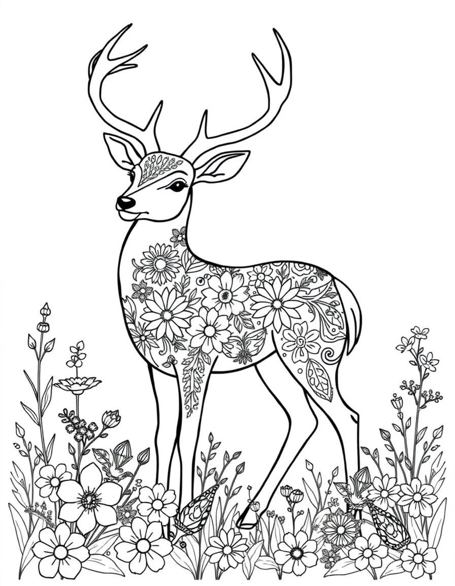Deer with floral patterns incorporated into its coat, surrounded by forest flowers