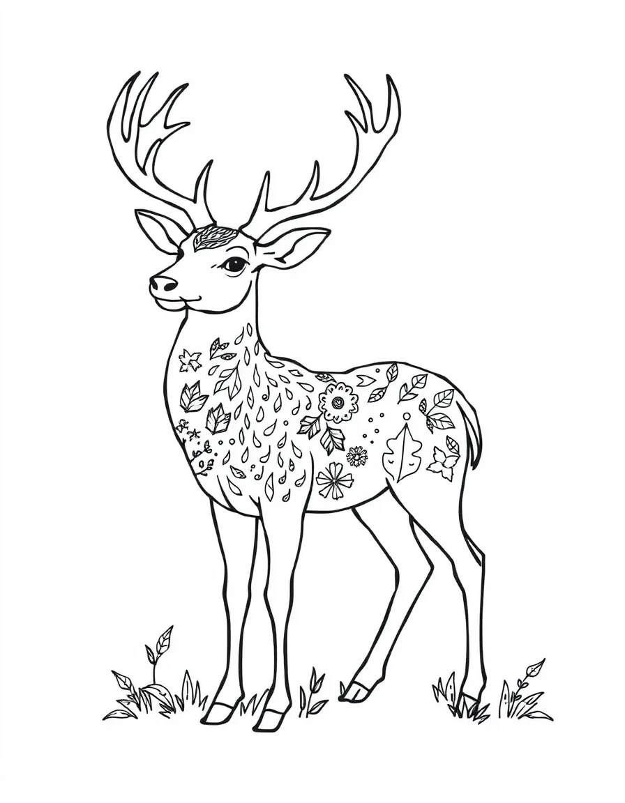 Deer with seasonal elements in its coat, showing all four seasons in one design