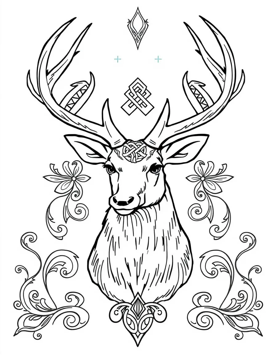 Stag with Celtic knot patterns in its antlers, surrounded by traditional designs