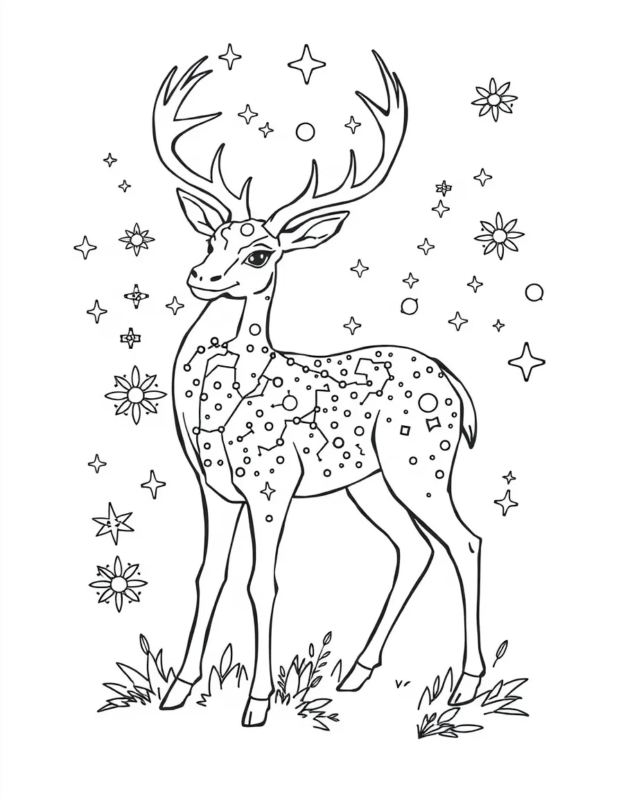 Deer with constellation patterns in its coat, surrounded by cosmic designs