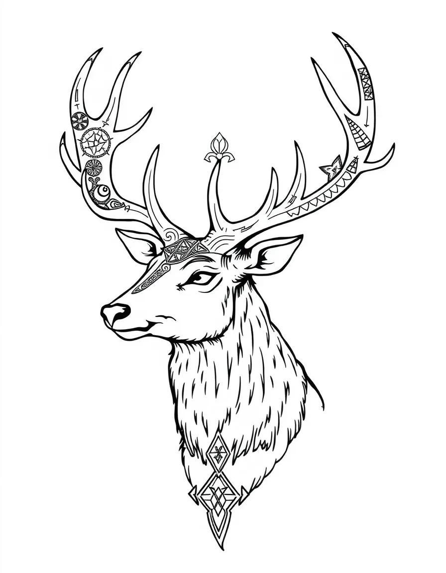 Stag with runes and Nordic symbols incorporated into its antler patterns