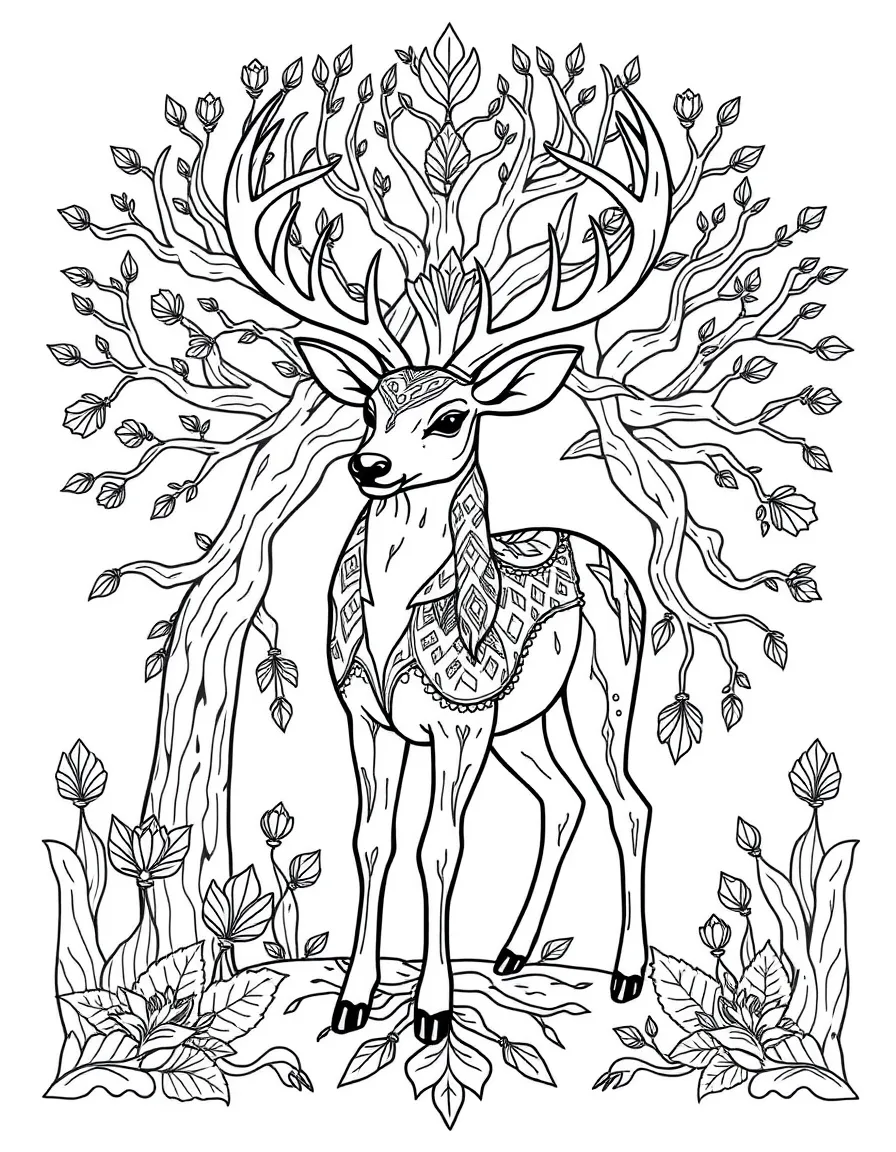 Deer with forest wisdom elements, surrounded by ancient tree patterns
