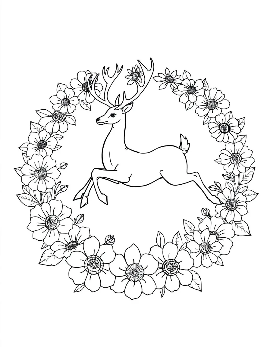 Deer leaping through a ring of flowers, creating a circular floral pattern