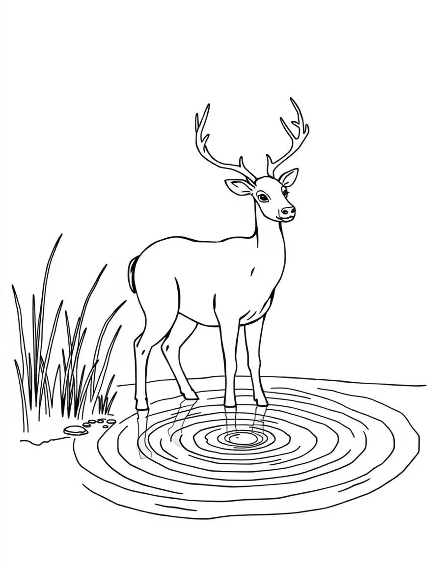 Deer by a pond, with water ripples forming concentric circle patterns