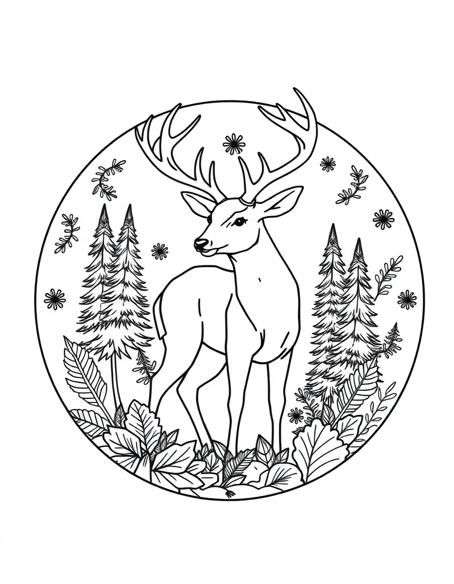 Deer with pine forest elements incorporated into a circular design
