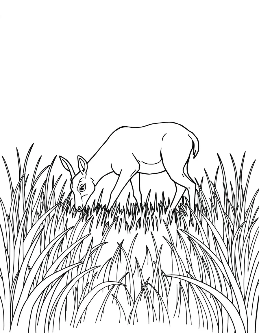 Deer grazing in tall grass, with grass patterns forming a circular design