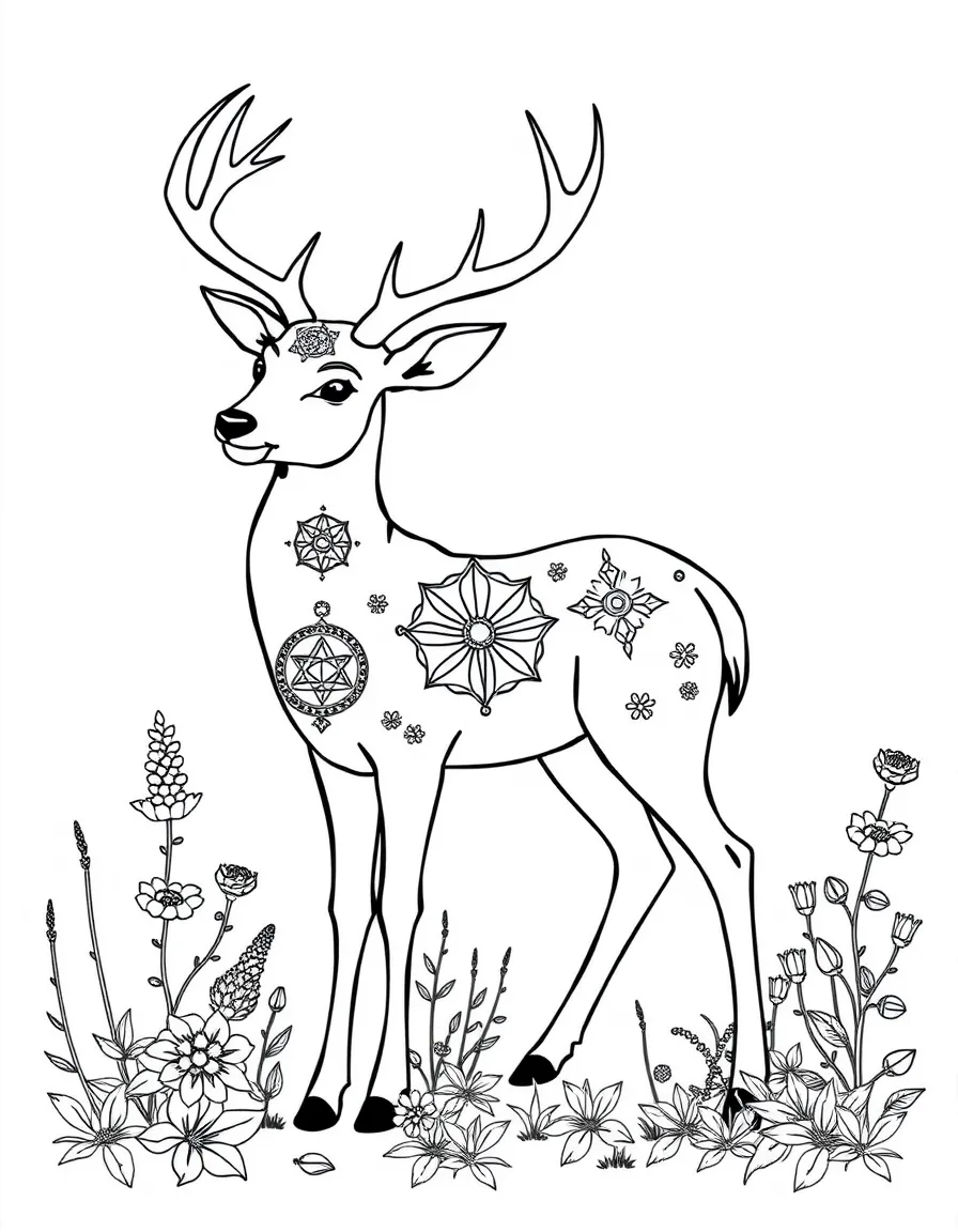 Deer with healing symbols in its coat pattern, surrounded by medicinal plants