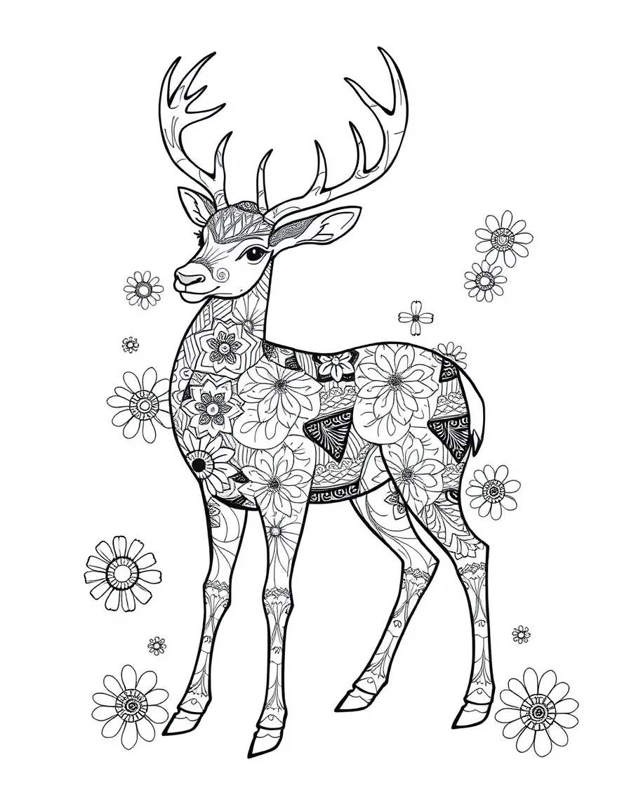 Deer with coat forming a zentangle pattern, surrounded by detailed designs