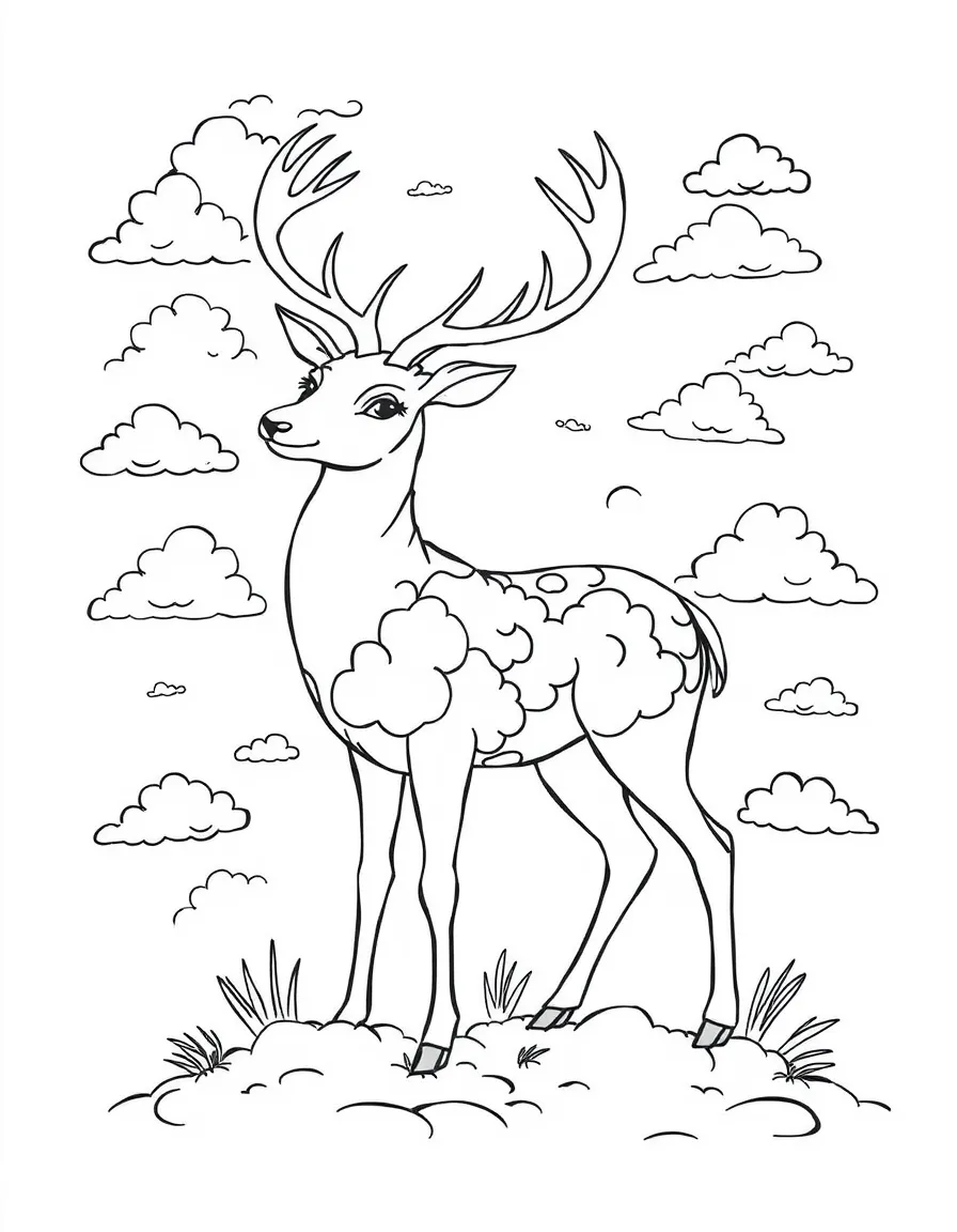 Deer with coat forming cloud patterns, surrounded by sky elements