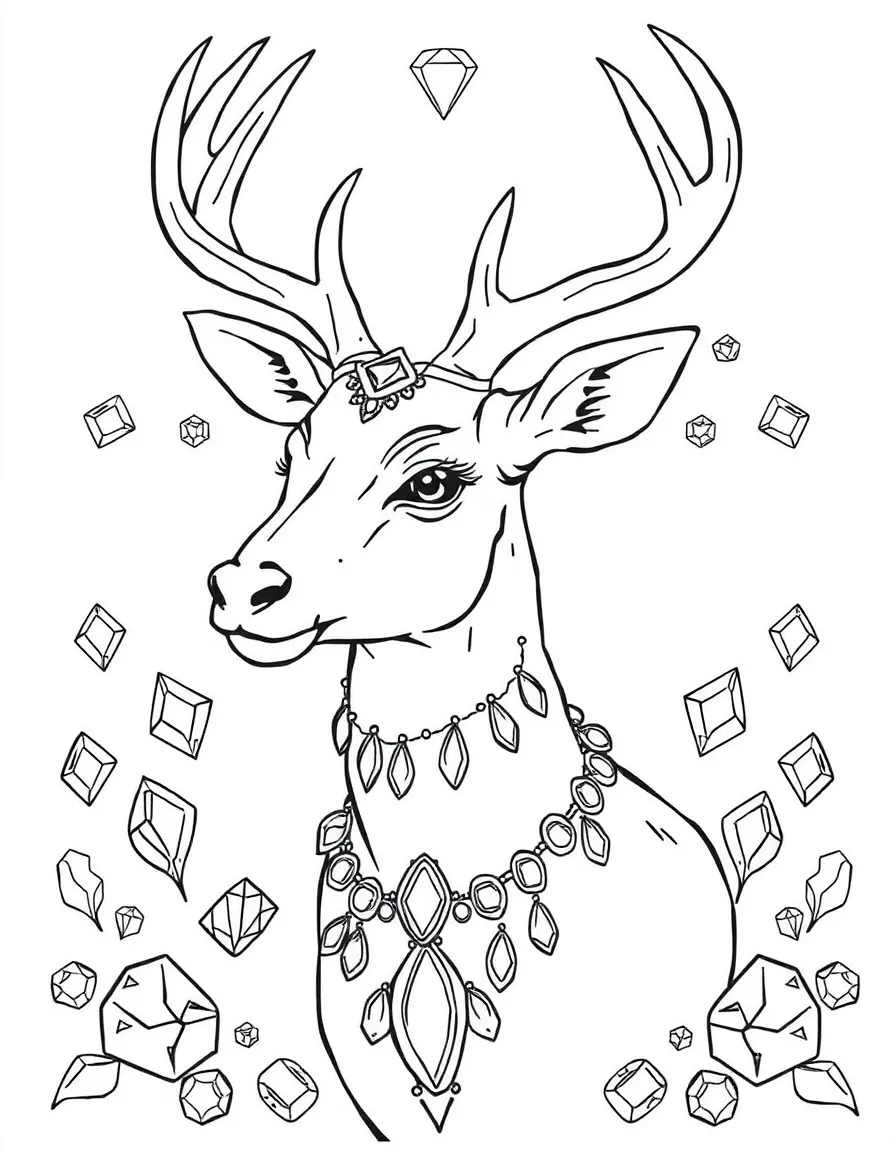 Deer with jeweled collar and decorations, surrounded by precious stone patterns