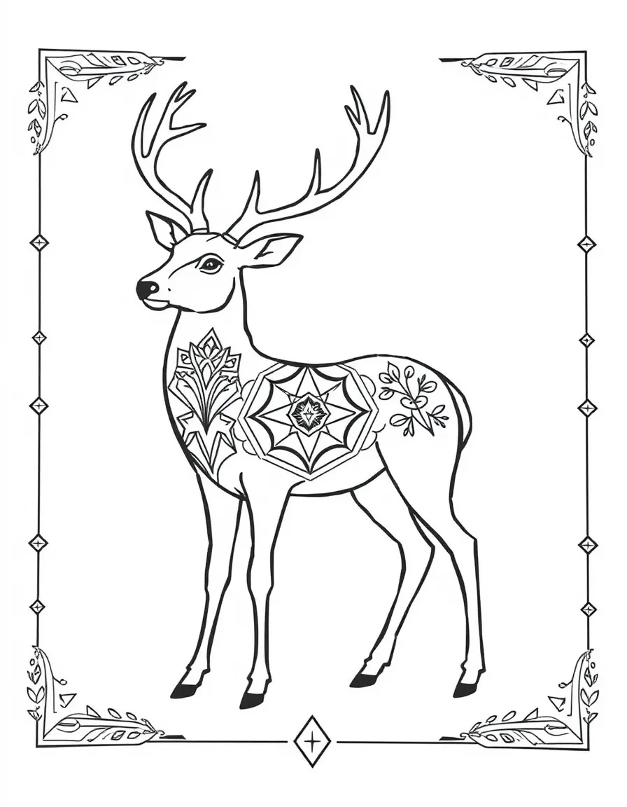 Deer with geometric patterns inside its silhouette, surrounded by tribal borders