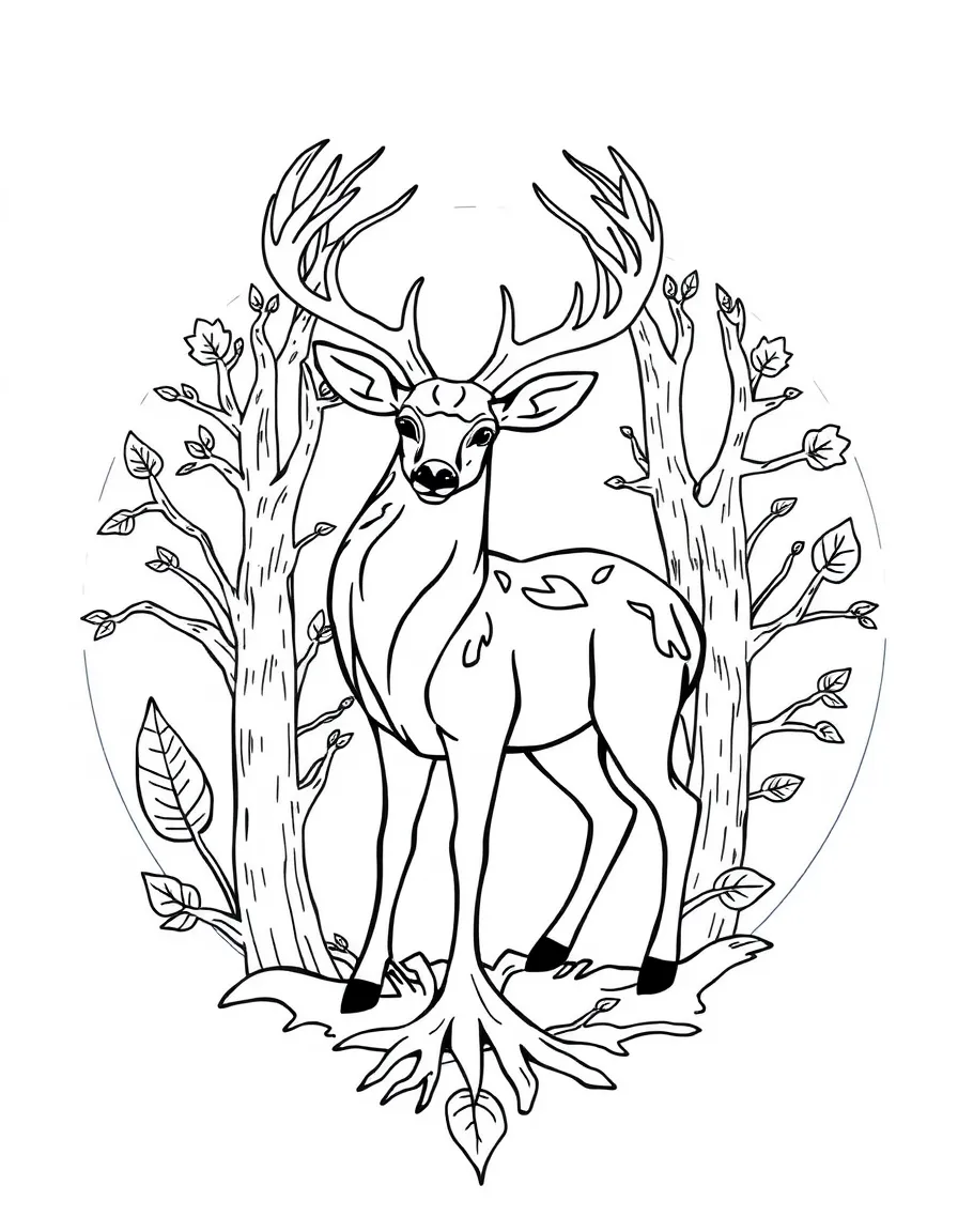 Deer with coat forming tree rings, surrounded by forest-inspired designs