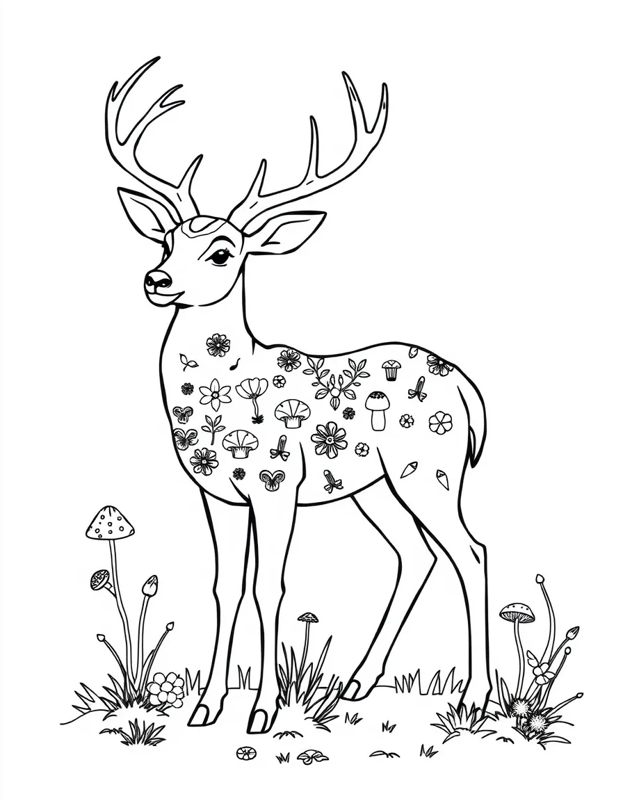 Deer with mushroom and forest floor elements incorporated into its coat patterns