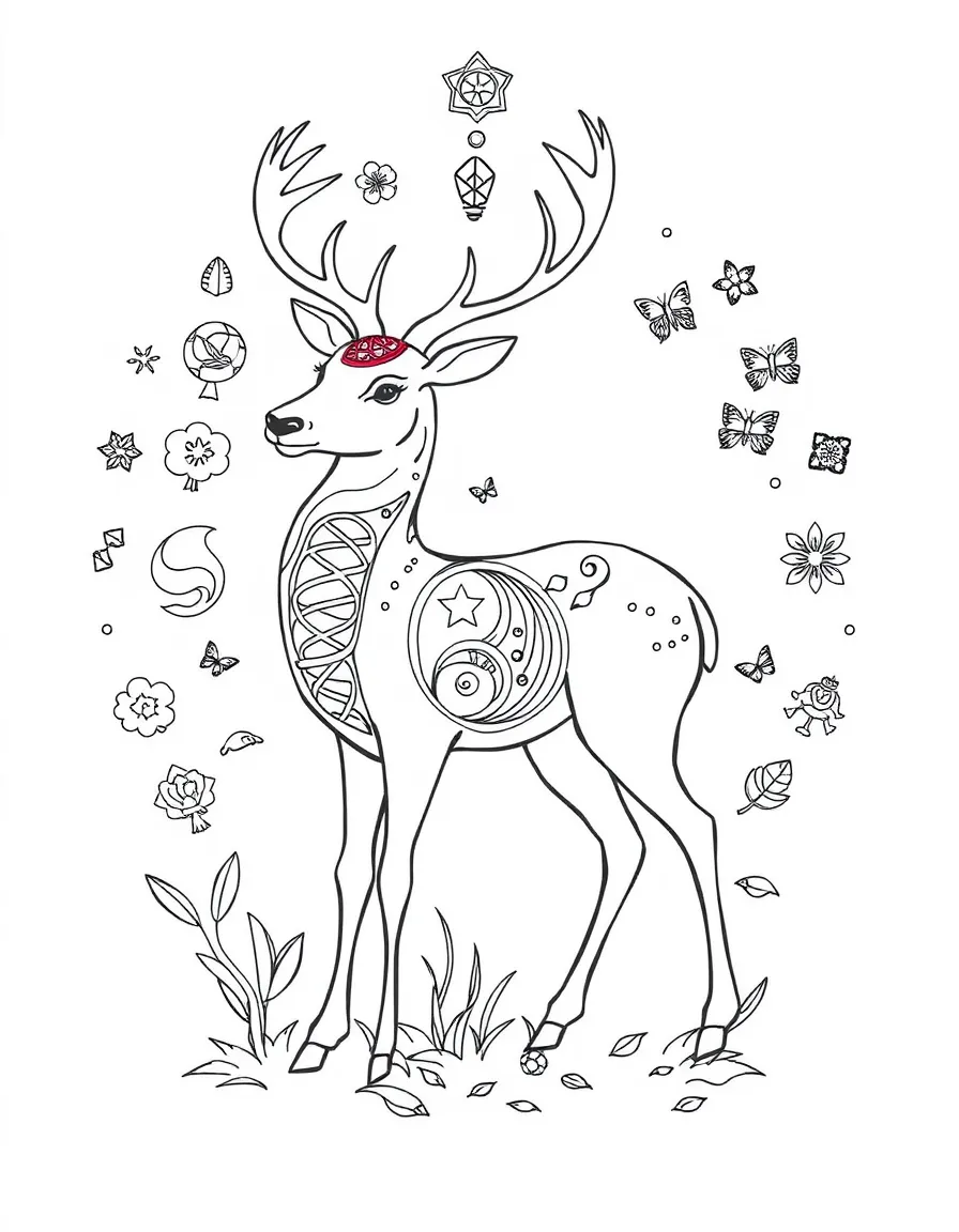 Deer with coat forming a DNA-like spiral pattern, surrounded by life symbols
