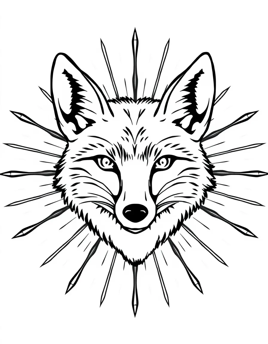 Fox face with alert eyes as the center of a radiating pattern