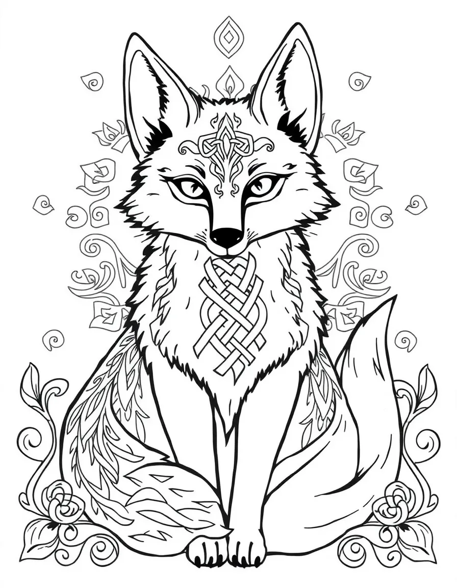 Fox with Celtic knot patterns in its fur, surrounded by traditional designs