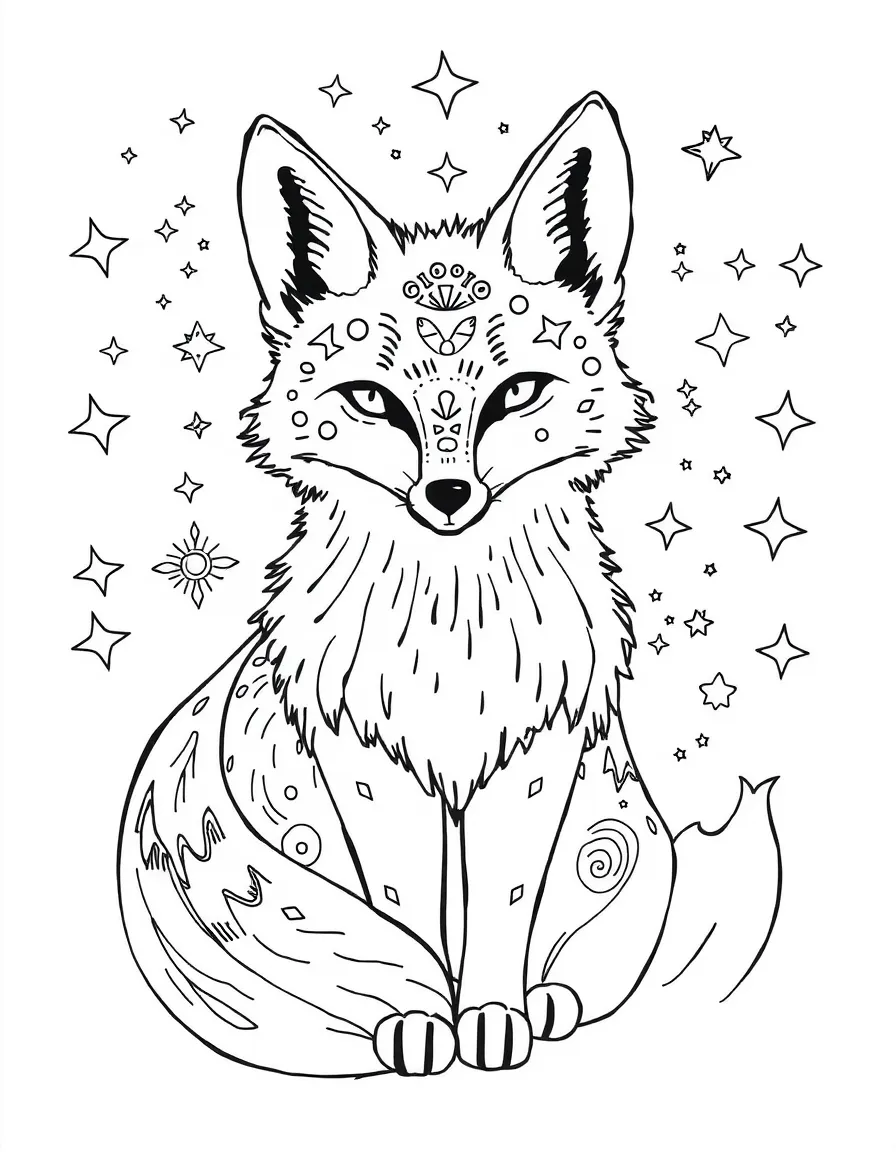 Fox with constellation patterns in its fur, surrounded by cosmic designs