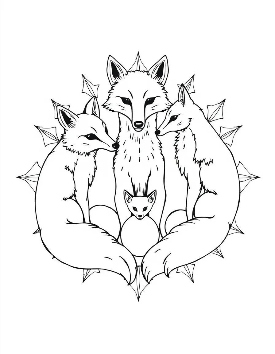 Fox family in a circular arrangement, creating a protective mandala