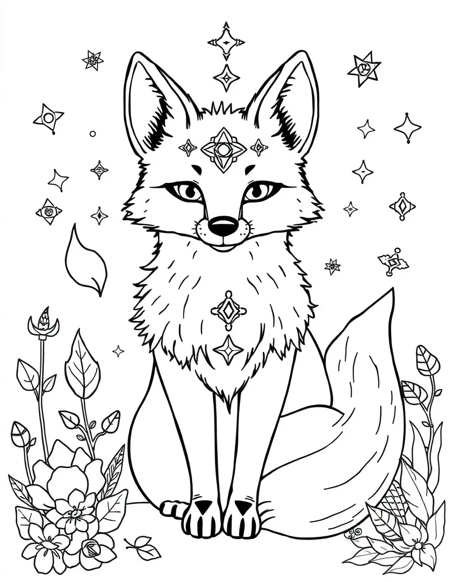 Fox with magical symbols in its fur, surrounded by enchanted forest elements