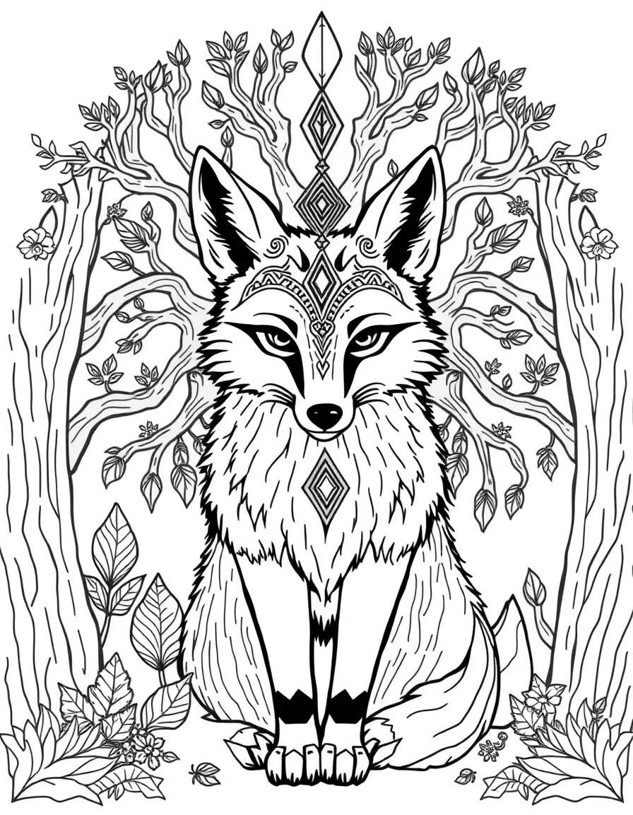 Fox with forest wisdom elements, surrounded by ancient tree patterns