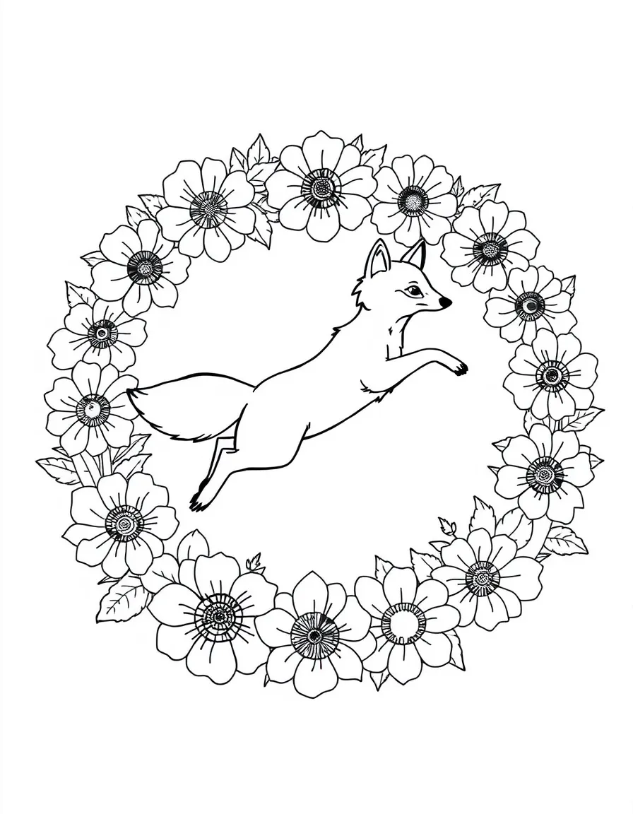 Fox leaping through a ring of flowers, creating a circular floral pattern