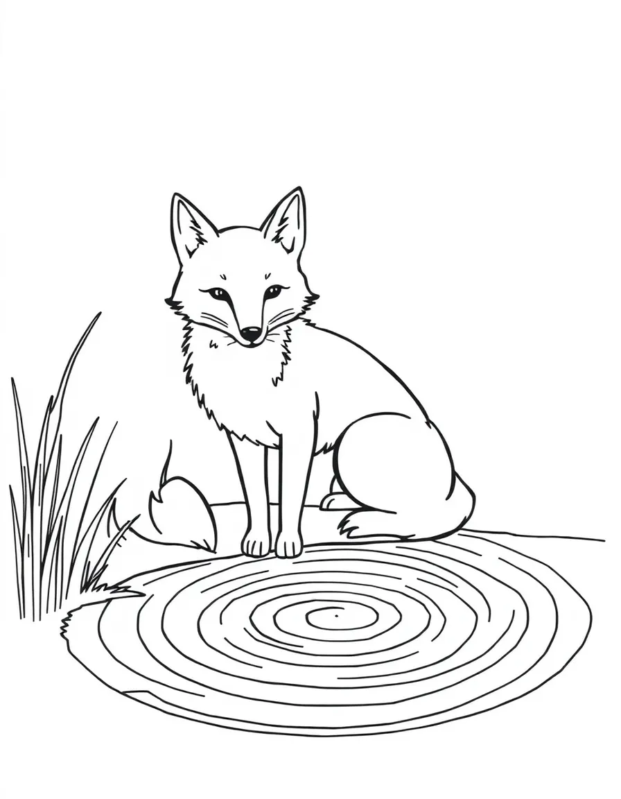 Fox by a pond, with water ripples forming concentric circle patterns