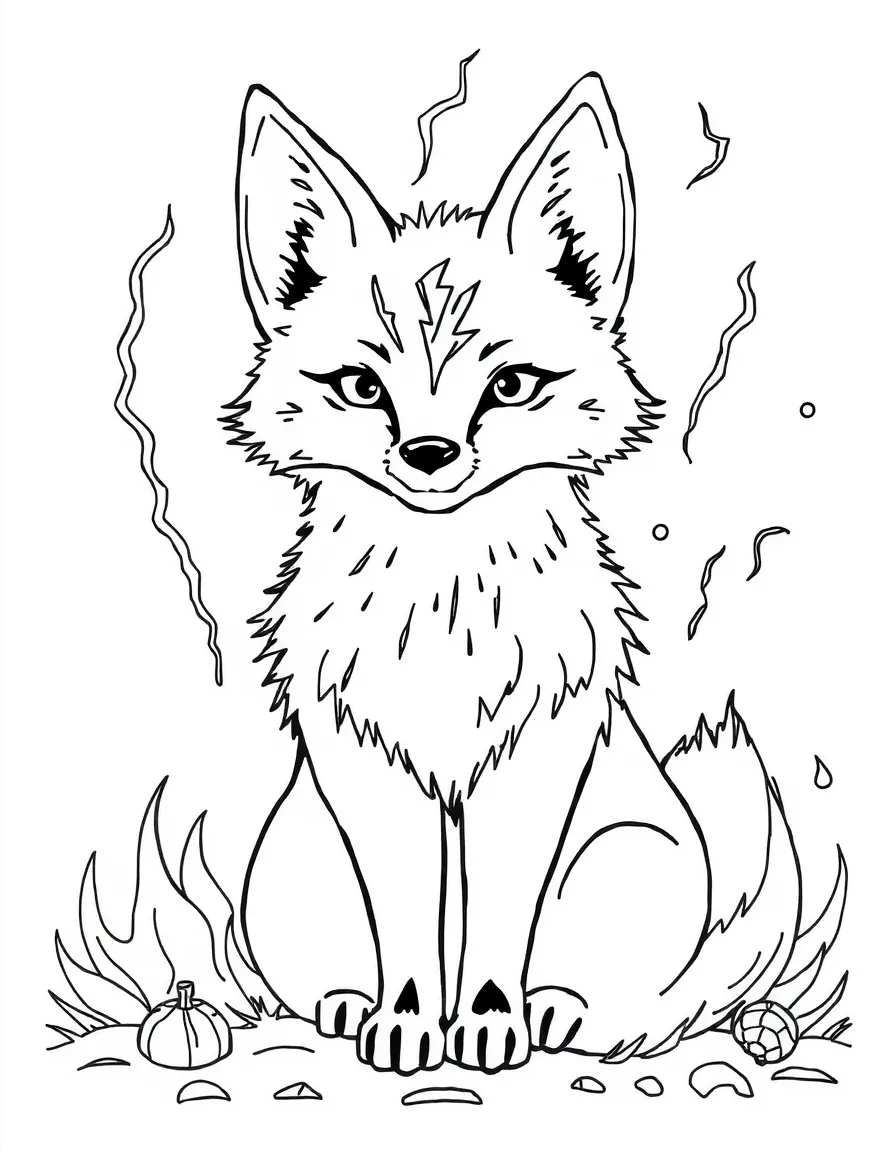 Fox with lightning bolt patterns in its fur, surrounded by storm elements