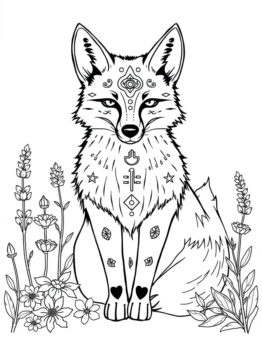 Fox with healing symbols in its fur pattern, surrounded by medicinal plants