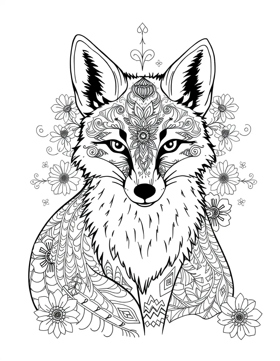Fox with fur forming a zentangle pattern, surrounded by detailed designs