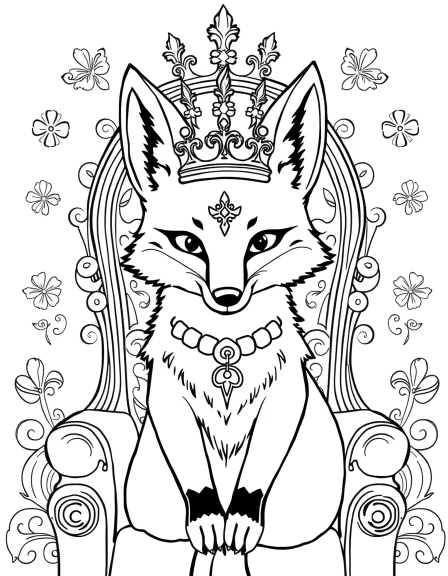 Fox with royal decorations, surrounded by throne and crown patterns