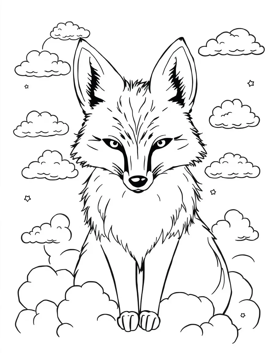 Fox with fur forming cloud patterns, surrounded by sky elements