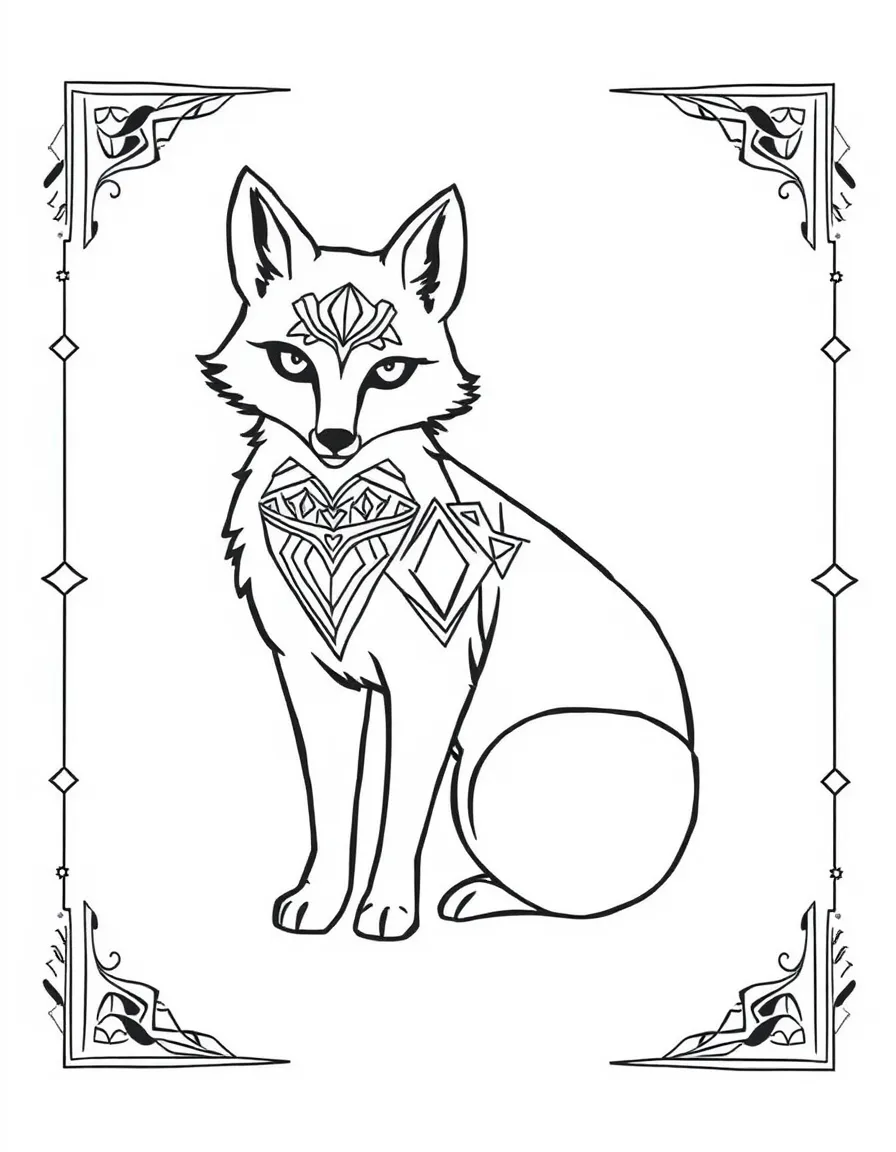 Fox with geometric patterns inside its silhouette, surrounded by tribal borders