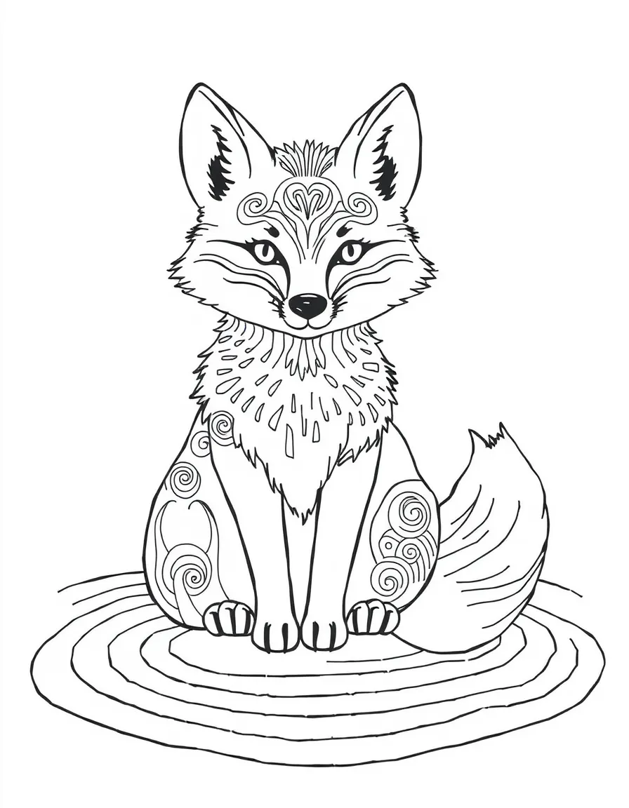 Fox with zen garden patterns in its fur, surrounded by raked sand designs