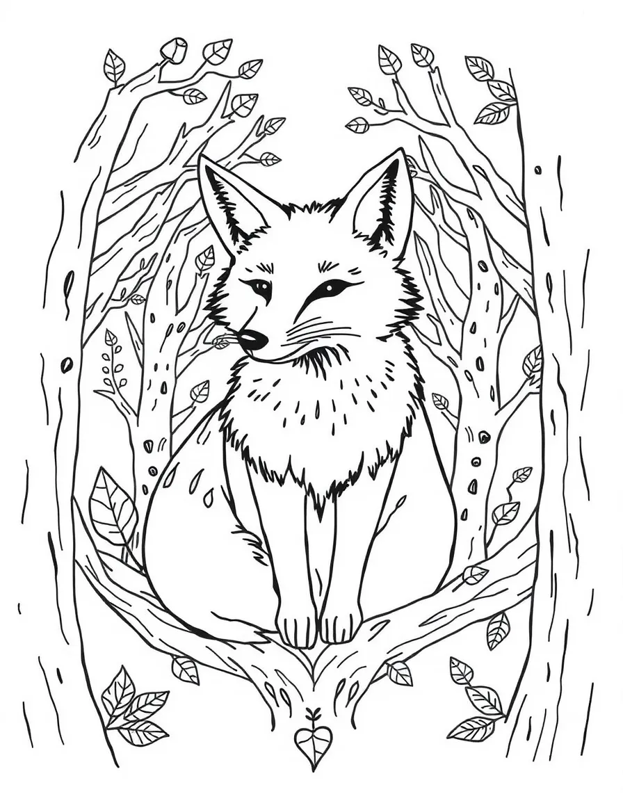 Fox with fur forming tree rings, surrounded by forest-inspired designs