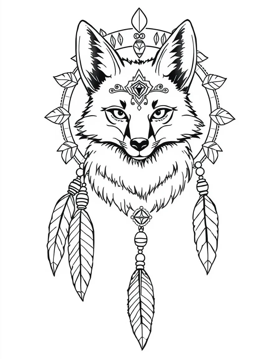Fox with dreamcatcher elements, surrounded by feather and bead patterns
