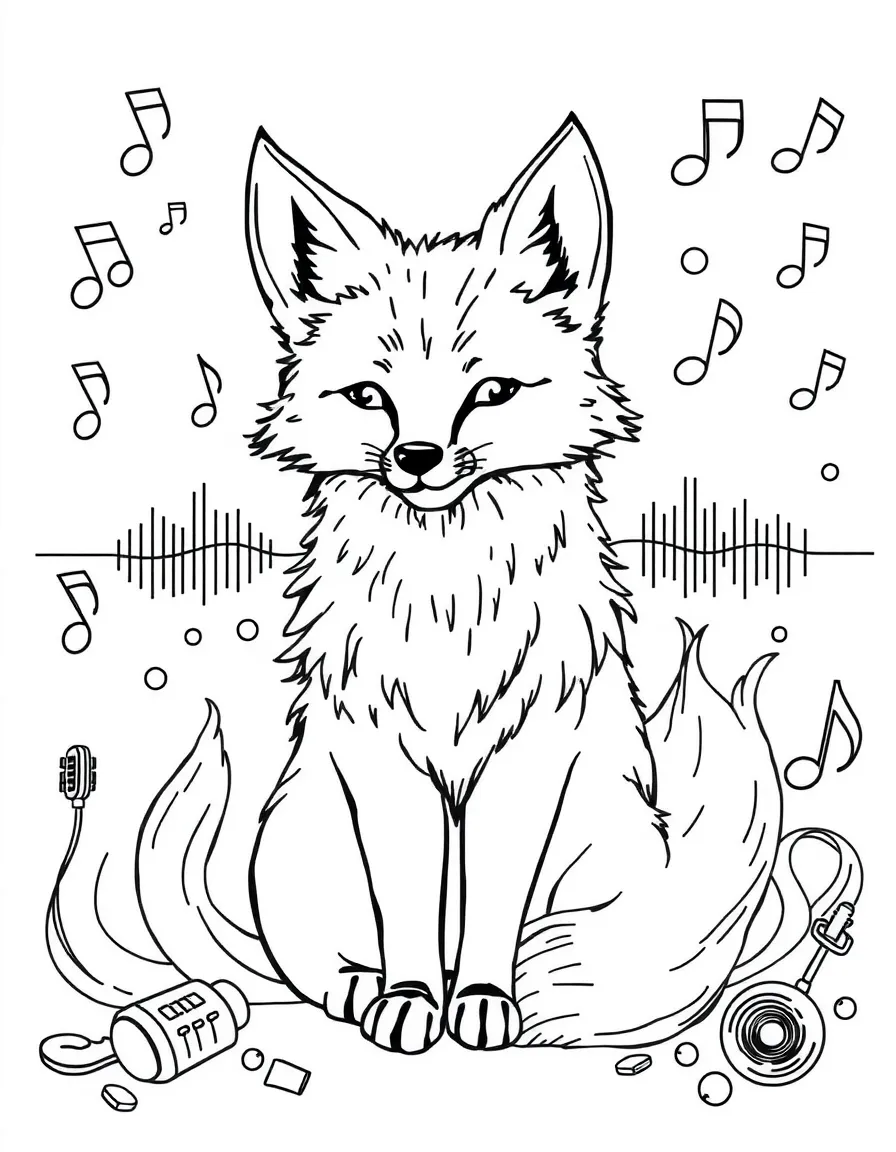 Fox with fur forming sound wave patterns, surrounded by music elements
