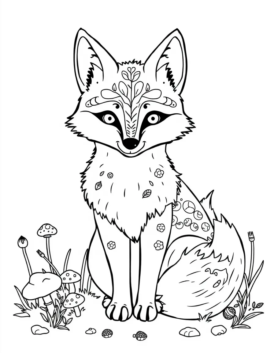Fox with mushroom and forest floor elements incorporated into its fur patterns