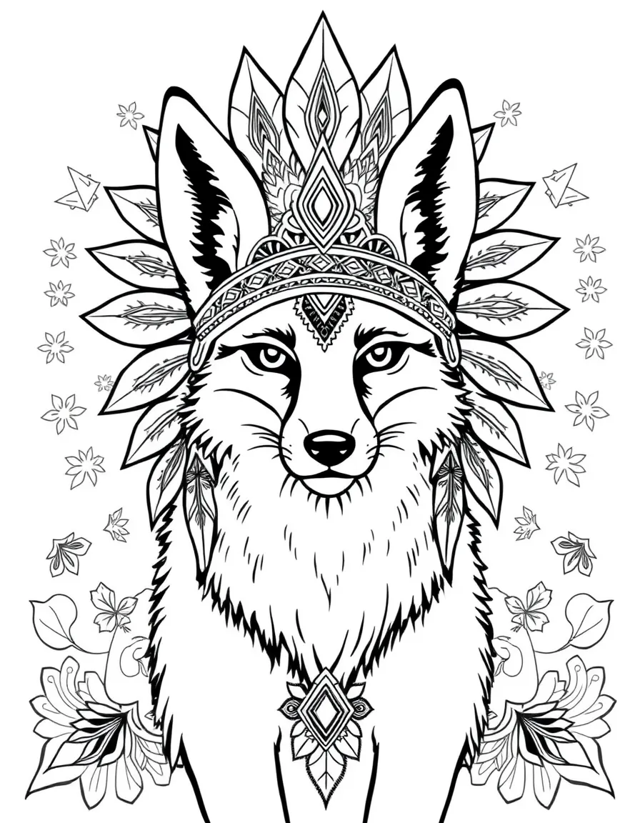 Fox with ornate headdress, surrounded by ceremonial patterns