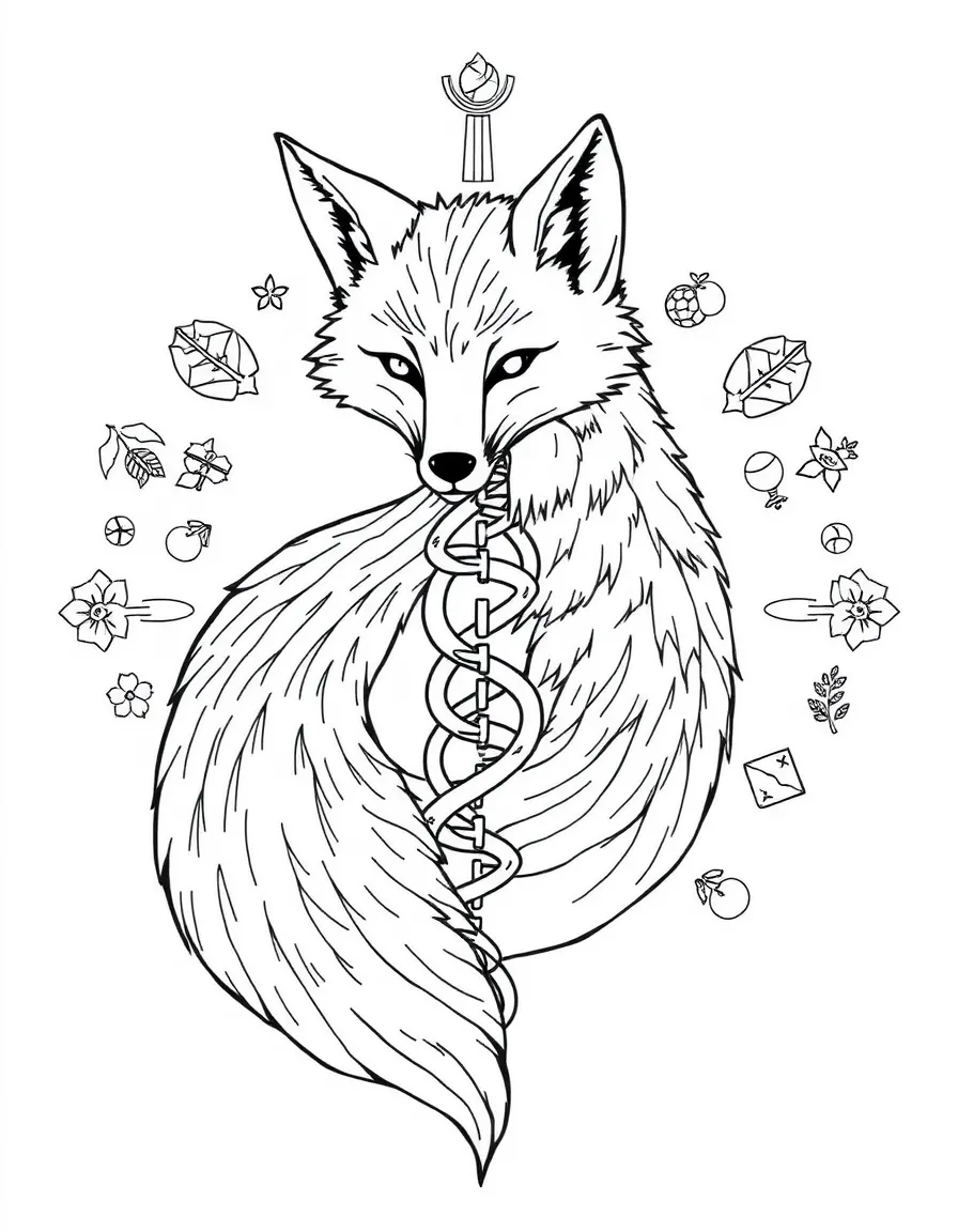 Fox with fur forming a DNA-like spiral pattern, surrounded by life symbols
