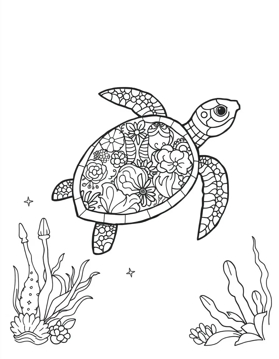 Turtle silhouette filled with ocean designs, surrounded by sea elements