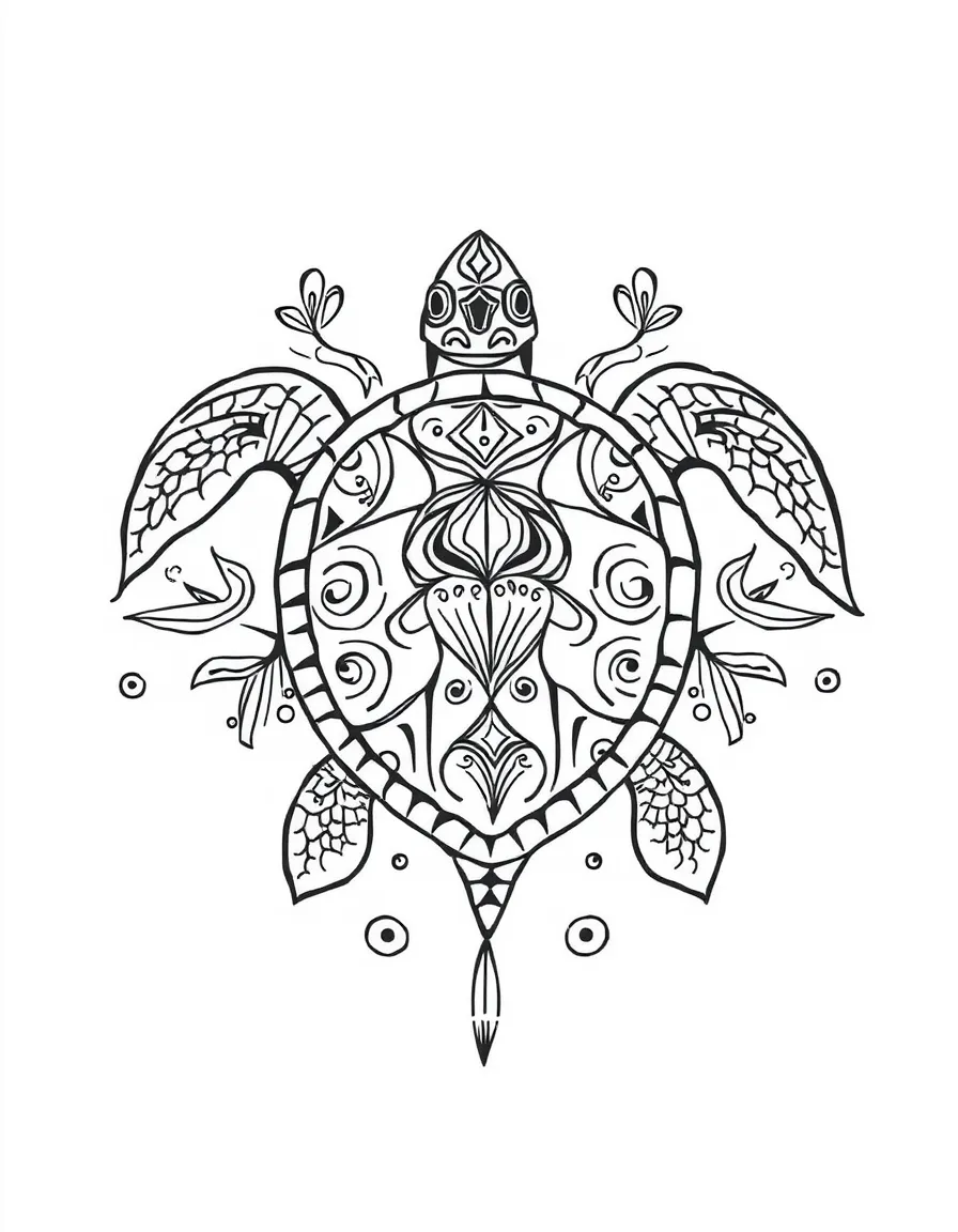 Turtle with ceremonial paint patterns, surrounded by tribal-inspired designs